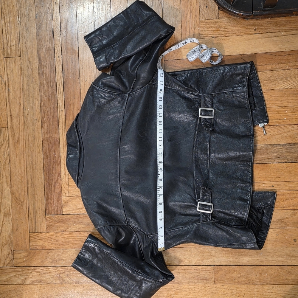 Vintage Black Leather Women's Moto Jacket-Y2K Classic Collar Metal Zips Grunge - Picture 14 of 14